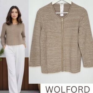 Wolford Nadi Metallic Gold Taupe Textured Knit Zip Front Jacket Cardigan Size M